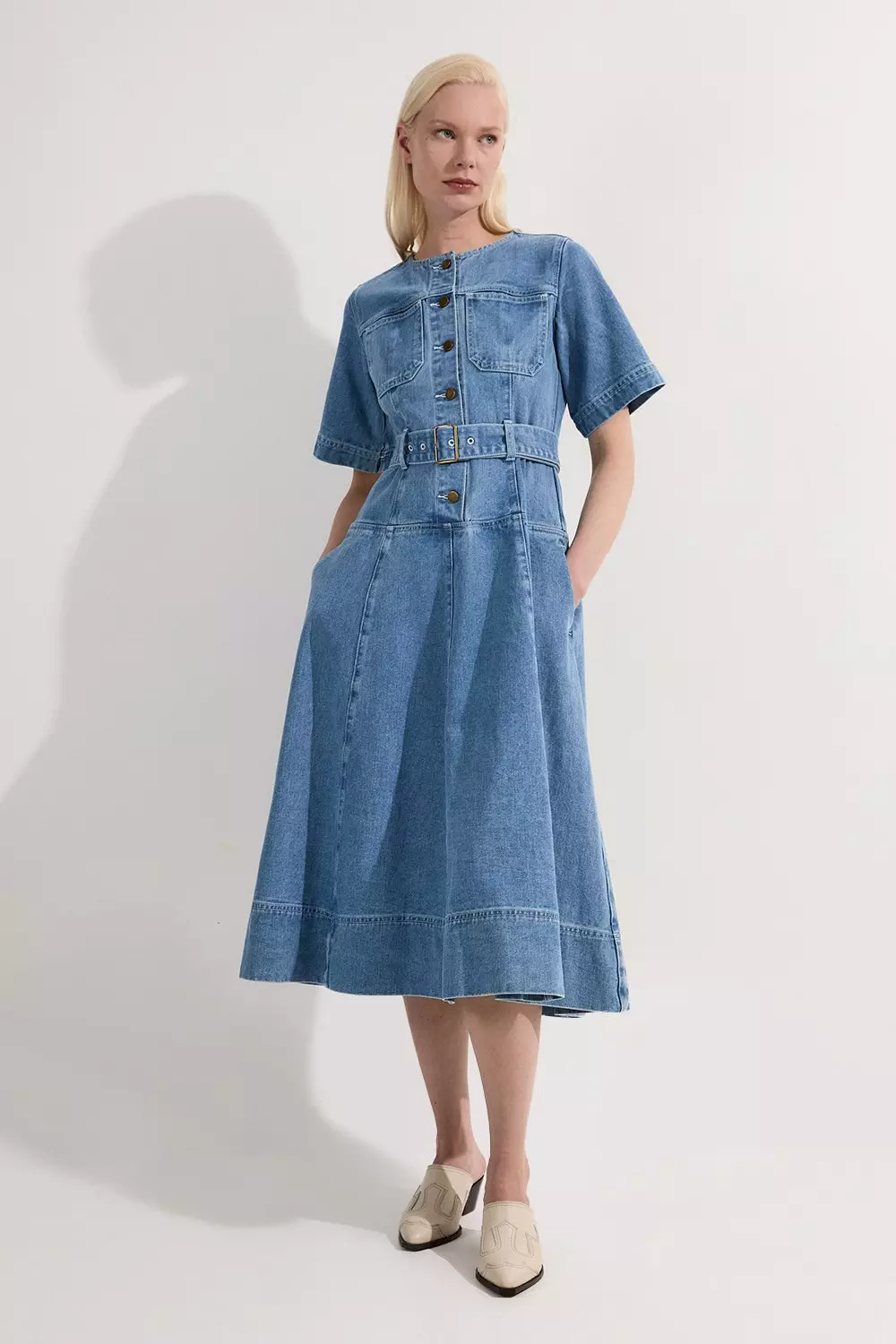 【KAREN MILLEN】デニム ソフトウォッシュ 半袖 ベルト付ドレス bkk24107_mid blue_xl?$